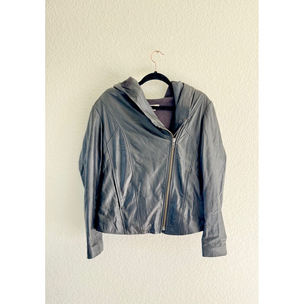 Helmut Lang Womens Black Lamb Leather Hooded Asymmetrical Zip Fleece Jacket L